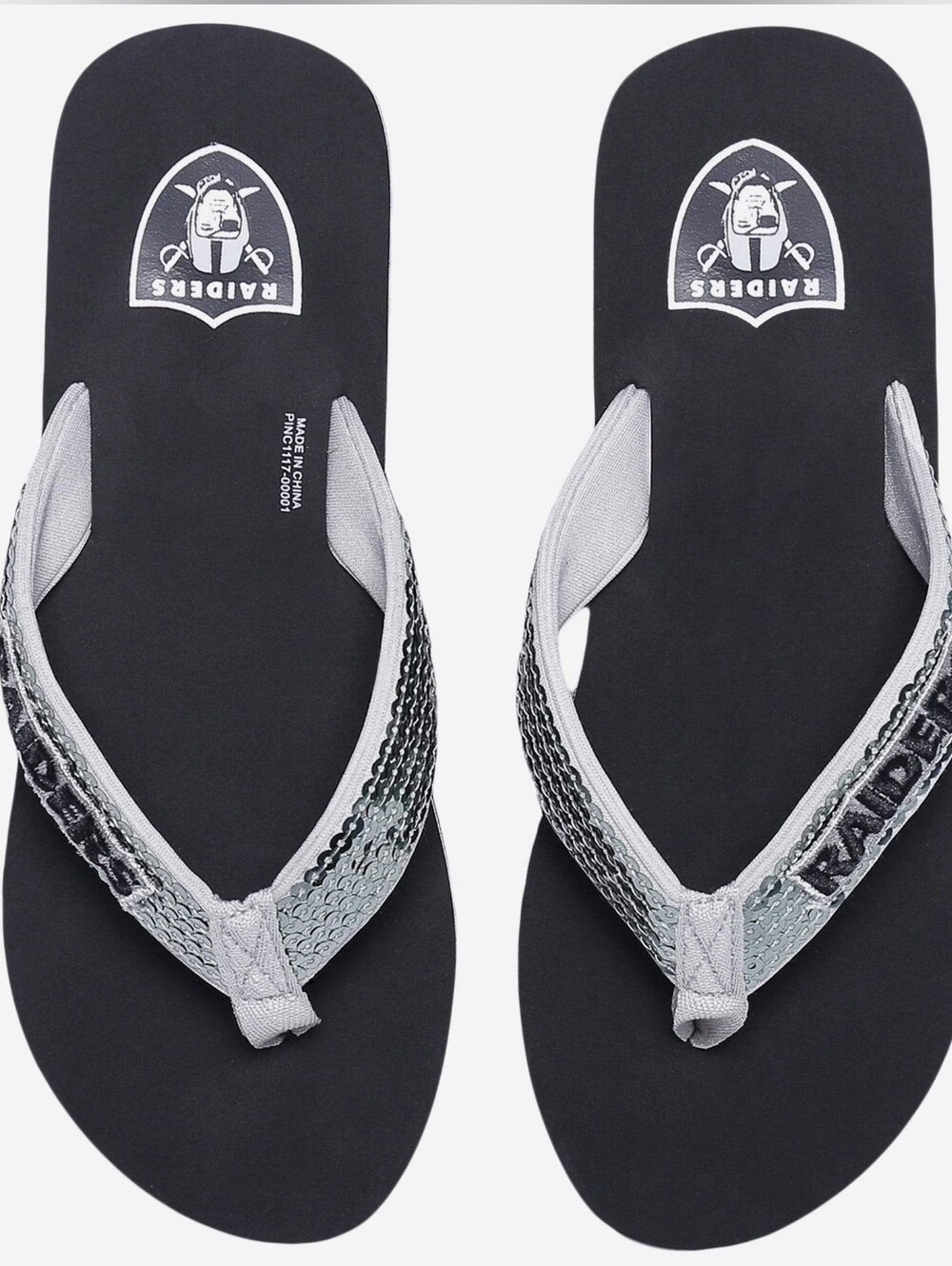 NWT FOCO Las Vegas Raiders Women's Sequin Flip Flops | Black + Silver | Medium